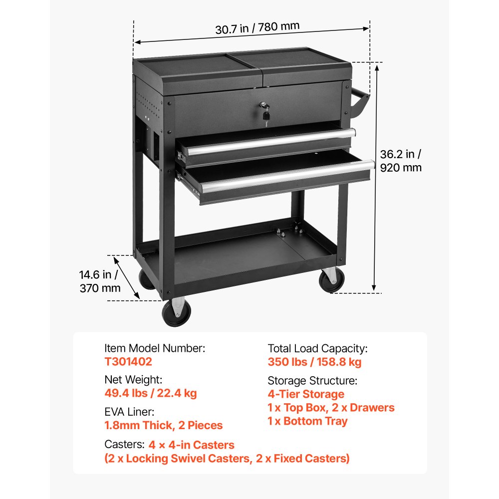 VEVOR 4-Tier Tool Cart with Drawers, 158.76kg Capacity, Rolling Work Cart, For Garage, Warehouse, Repair Shop, Mechanic Tool Storage Organizer Locking Drawers, Flexible Wheels, Heavy-Duty Steel, Black