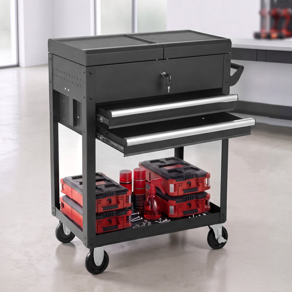 VEVOR 4-Tier Tool Cart with Drawers, 158.76kg Capacity, Rolling Work Cart, For Garage, Warehouse, Repair Shop, Mechanic Tool Storage Organizer Locking Drawers, Flexible Wheels, Heavy-Duty Steel, Black