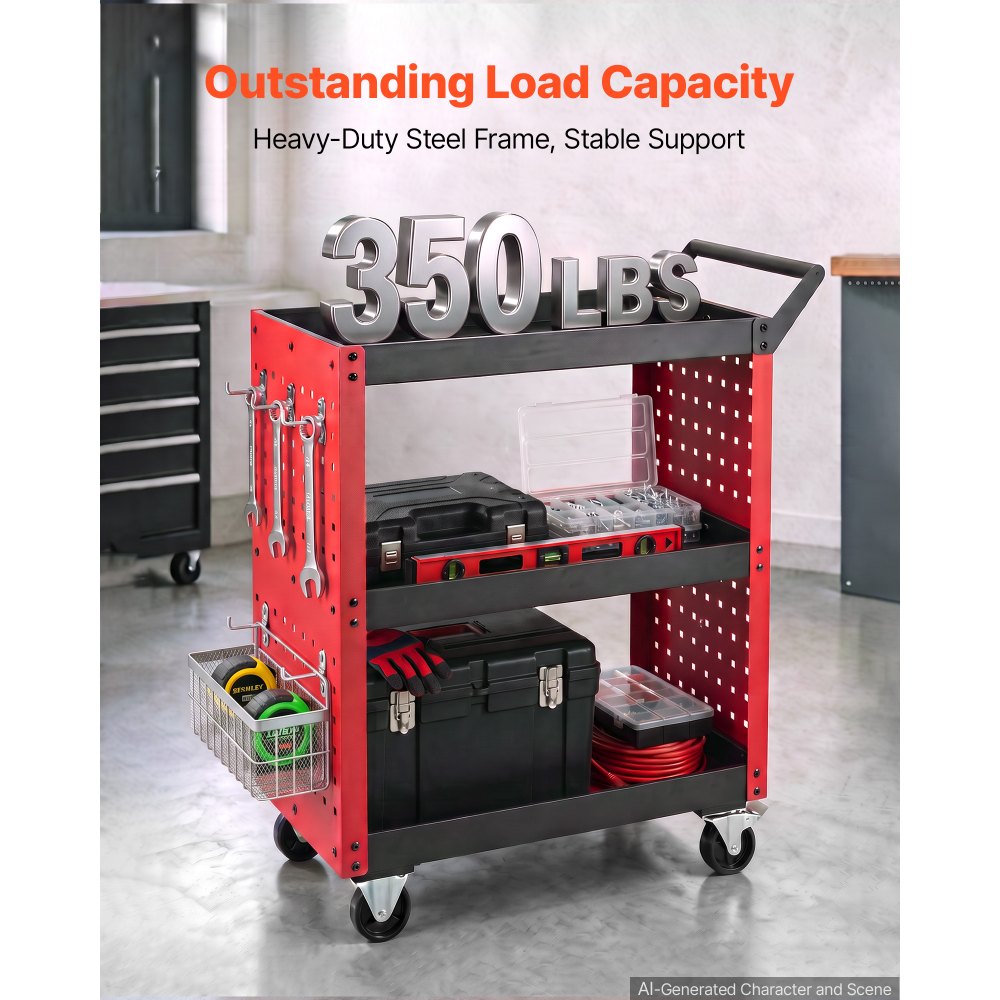 VEVOR 3-Tier Tool Cart with Pegboard, 158.76 kg Capacity Rolling Work Cart, Great for Garage, Warehouse & Repair Shop, Mechanic Tool Storage Organizer with Wheels, Hooks, Heavy-Duty Steel, Black & Red