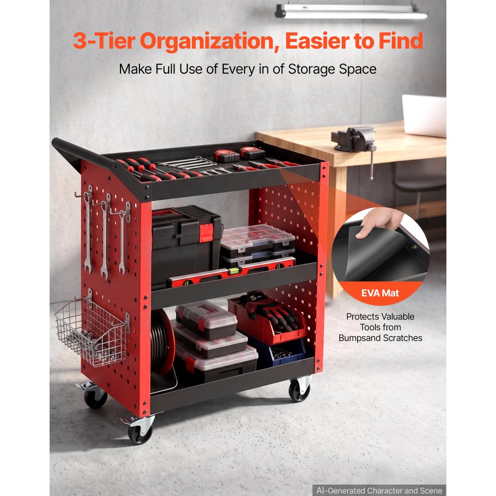 VEVOR 3-Tier Tool Cart with Pegboard, 158.76 kg Capacity Rolling Work Cart, Great for Garage, Warehouse & Repair Shop, Mechanic Tool Storage Organizer with Wheels, Hooks, Heavy-Duty Steel, Black & Red