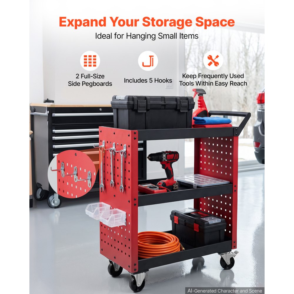 VEVOR 3-Tier Tool Cart with Pegboard, 158.76 kg Capacity Rolling Work Cart, Great for Garage, Warehouse & Repair Shop, Mechanic Tool Storage Organizer with Wheels, Hooks, Heavy-Duty Steel, Black & Red