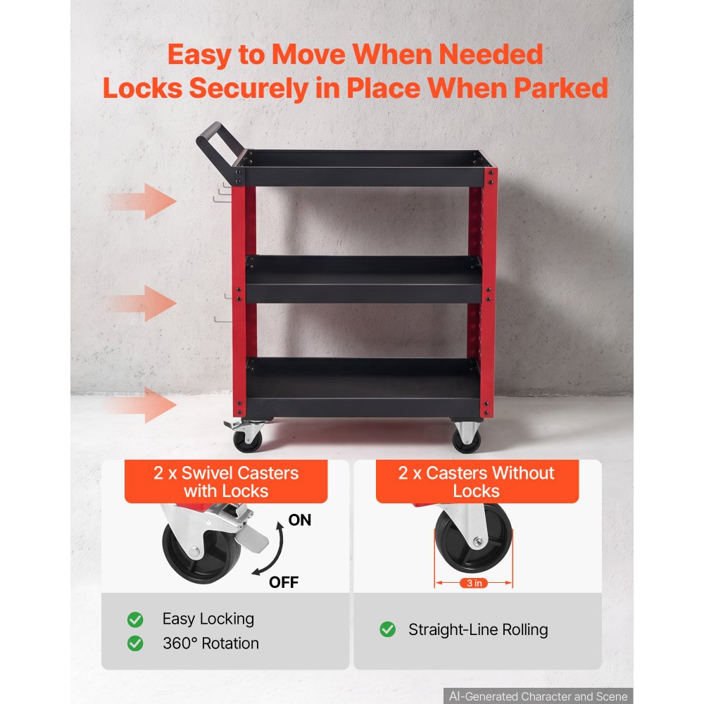 VEVOR 3-Tier Tool Cart with Pegboard, 158.76 kg Capacity Rolling Work Cart, Great for Garage, Warehouse & Repair Shop, Mechanic Tool Storage Organizer with Wheels, Hooks, Heavy-Duty Steel, Black & Red