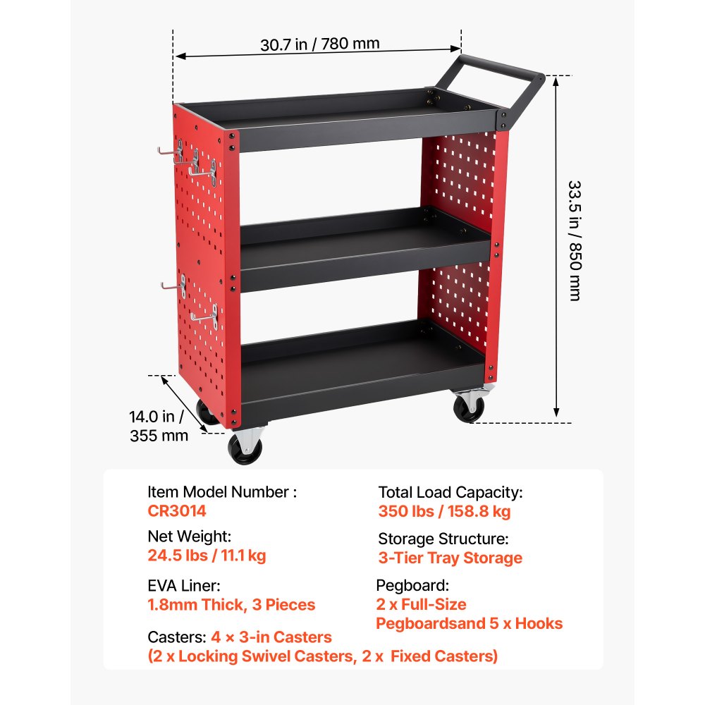VEVOR 3-Tier Tool Cart with Pegboard, 158.76 kg Capacity Rolling Work Cart, Great for Garage, Warehouse & Repair Shop, Mechanic Tool Storage Organizer with Wheels, Hooks, Heavy-Duty Steel, Black & Red
