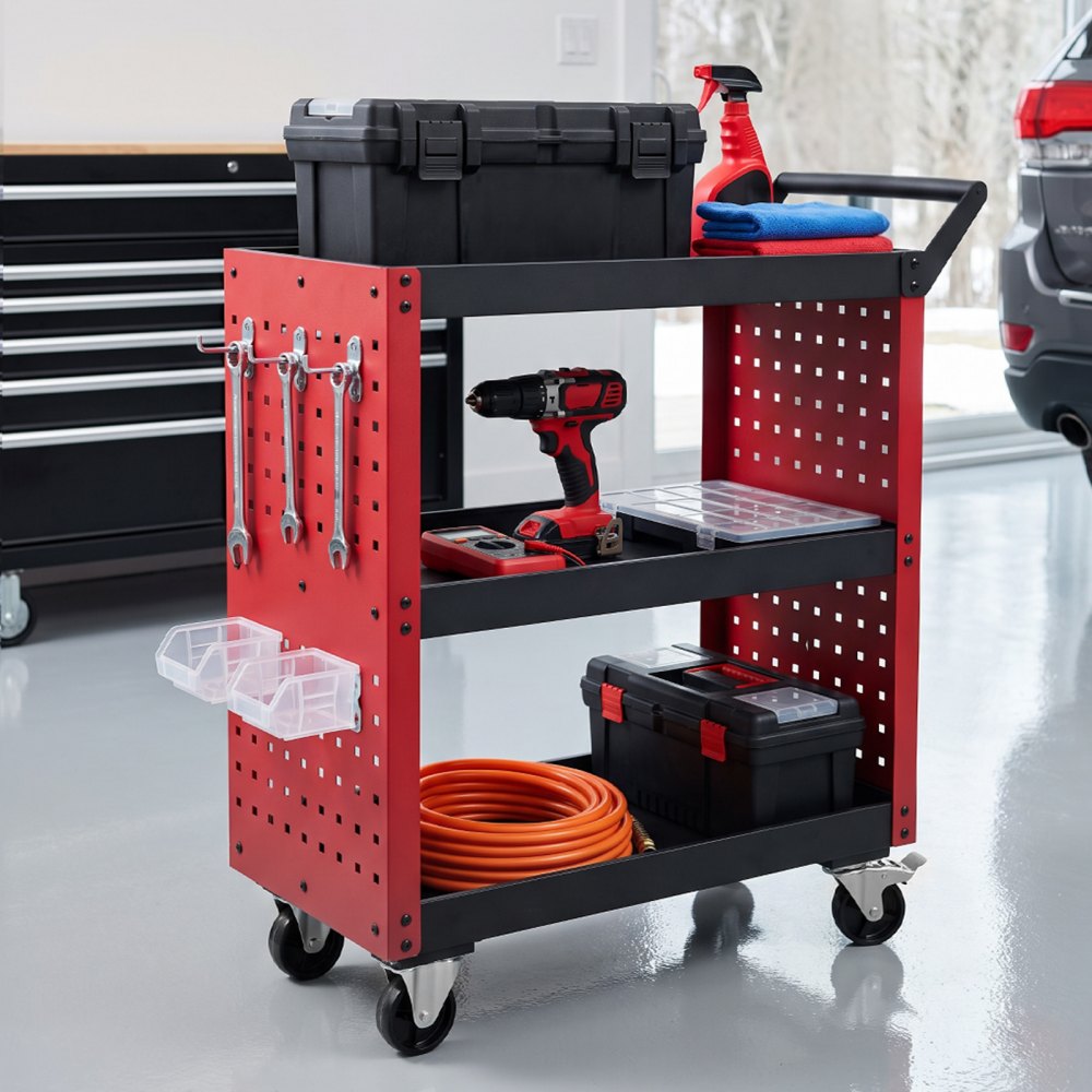 VEVOR 3-Tier Tool Cart with Pegboard, 158.76 kg Capacity Rolling Work Cart, Great for Garage, Warehouse & Repair Shop, Mechanic Tool Storage Organizer with Wheels, Hooks, Heavy-Duty Steel, Black & Red