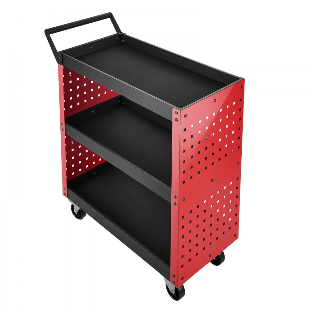 VEVOR 3-Tier Tool Cart with Pegboard, 158.76 kg Capacity Rolling Work Cart, Great for Garage, Warehouse & Repair Shop, Mechanic Tool Storage Organizer with Wheels, Hooks, Heavy-Duty Steel, Black & Red