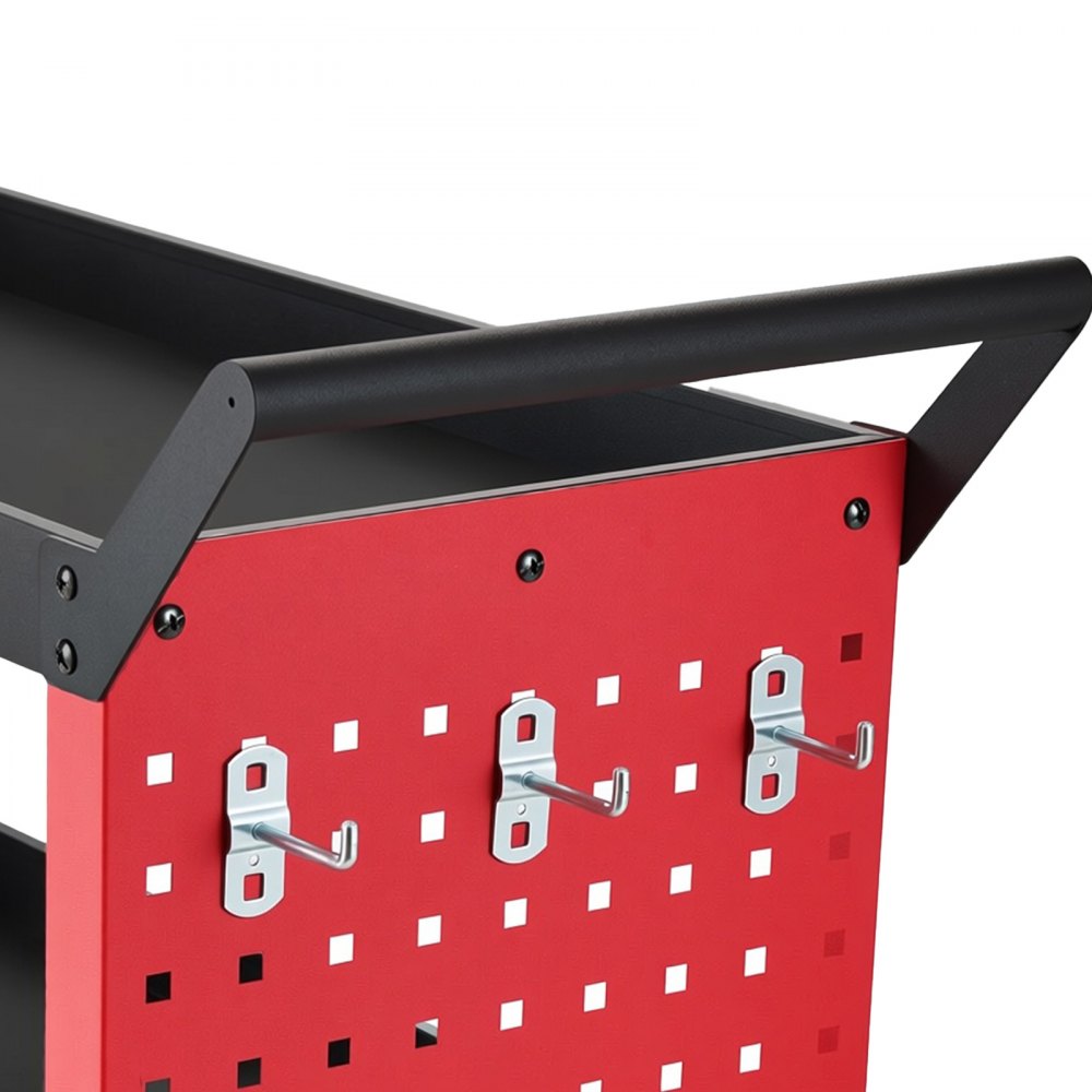 VEVOR 3-Tier Tool Cart with Pegboard, 158.76 kg Capacity Rolling Work Cart, Great for Garage, Warehouse & Repair Shop, Mechanic Tool Storage Organizer with Wheels, Hooks, Heavy-Duty Steel, Black & Red