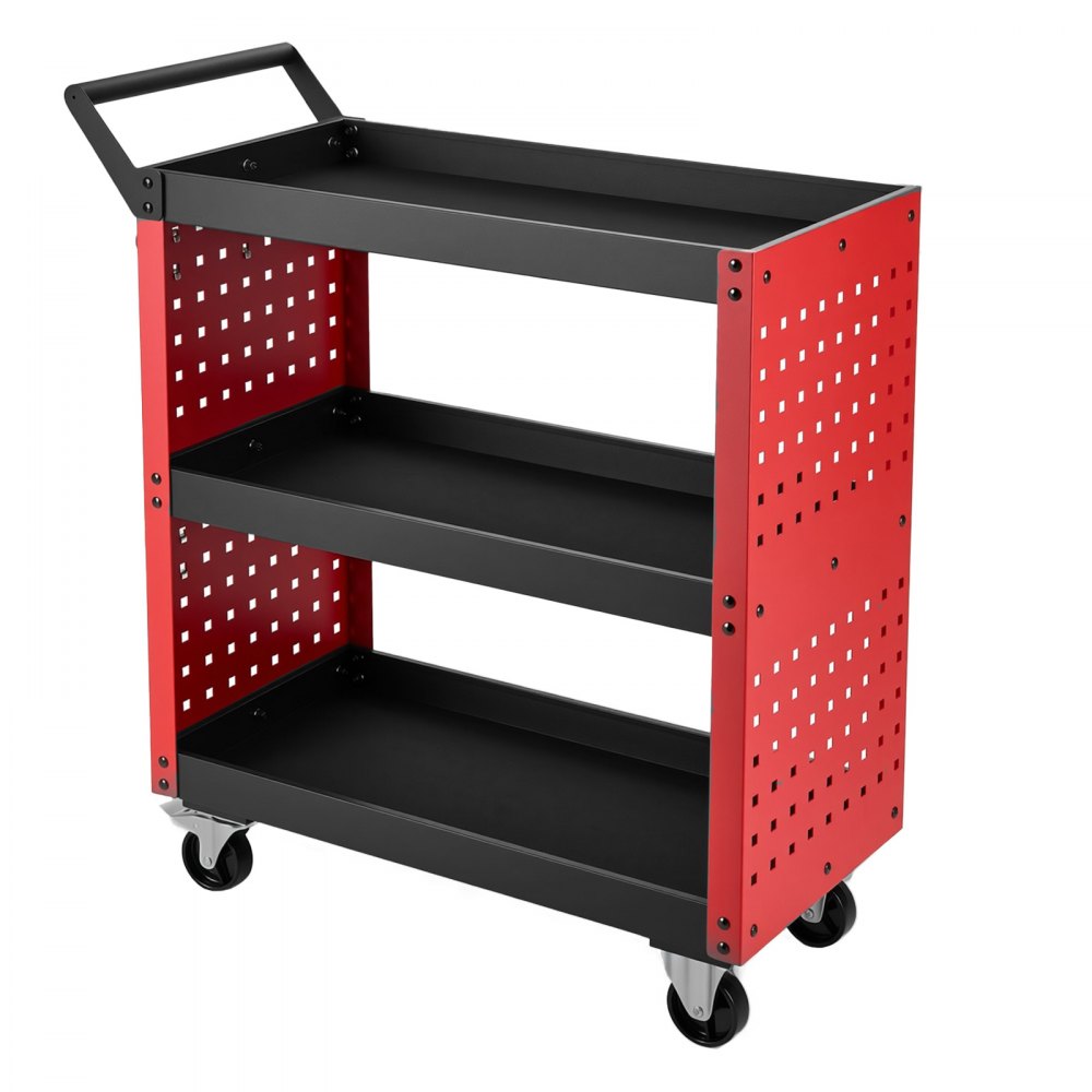 VEVOR 3-Tier Tool Cart with Pegboard, 158.76 kg Capacity Rolling Work Cart, Great for Garage, Warehouse & Repair Shop, Mechanic Tool Storage Organizer with Wheels, Hooks, Heavy-Duty Steel, Black & Red