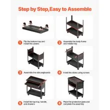 VEVOR 4-Tier Tool Cart with Wheels, 350 lbs Load Capacity, Rolling Work Cart with Drawer & Pegboard, Mechanic Tool Storage Organizer with Locking System for Garage, Warehouse and Repair Shop, Black