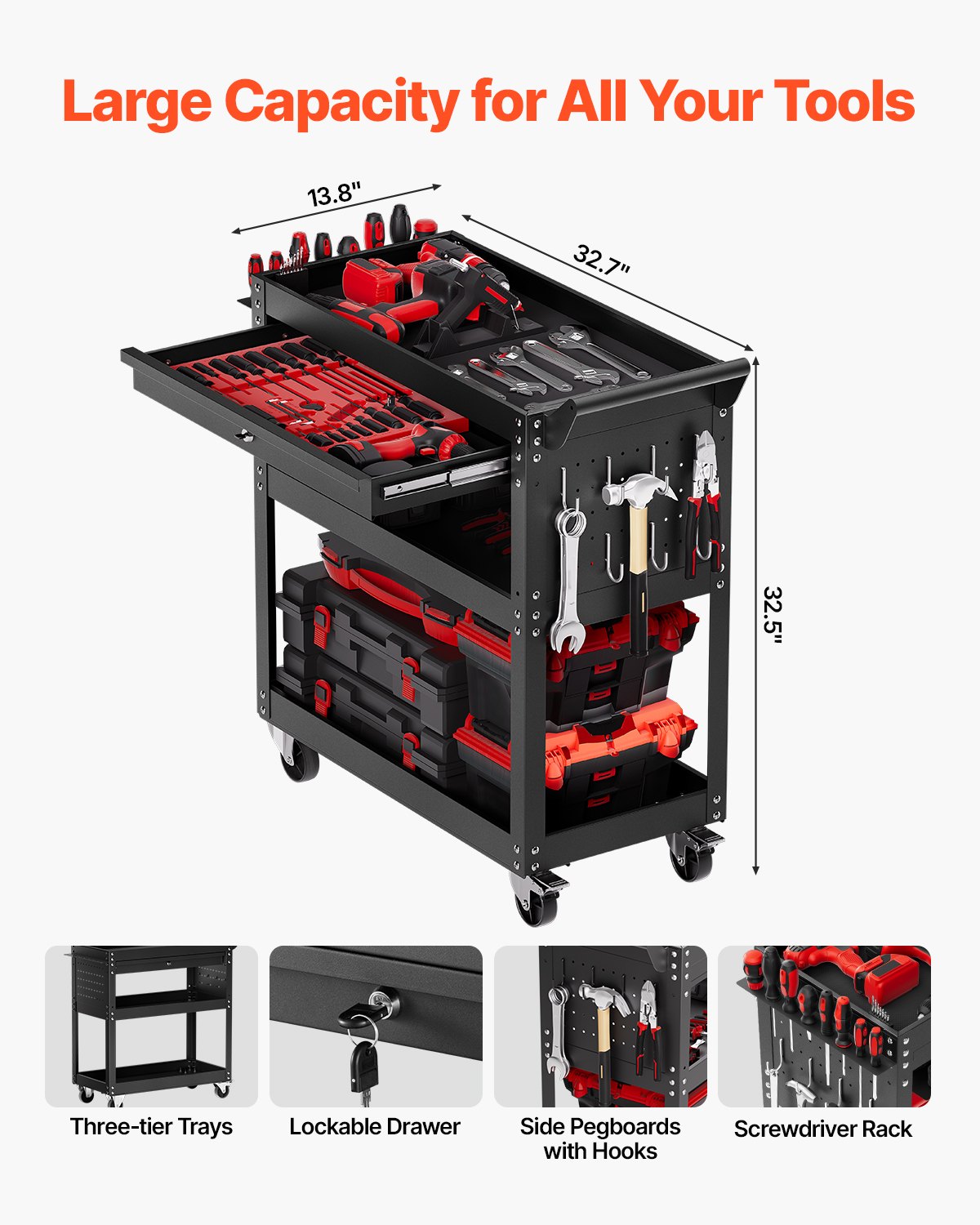 VEVOR 4-Tier Tool Cart with Wheels, 350 lbs Load Capacity, Rolling Work Cart with Drawer & Pegboard, Mechanic Tool Storage Organizer with Locking System for Garage, Warehouse and Repair Shop, Black