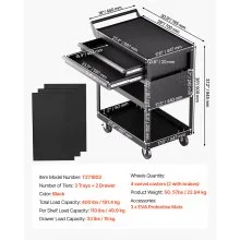 VEVOR 5-Tier Tool Cart with Wheels, 400 lbs Load Capacity, Rolling Work Cart with 2 Drawers & Pegboard, Mechanic Tool Storage Organizer with Locking System for Garage, Warehouse and Repair Shop, Black