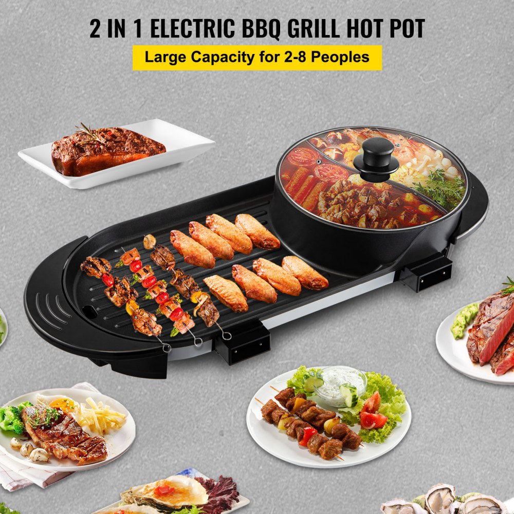 VEVOR in BBQ Grill and Hot Pot with Divider, Aluminum Alloy Electric  BBQ Stove
