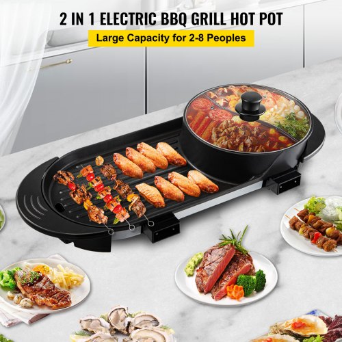 VEVOR 2 in 1 BBQ Pan Grill and Hot Pot with Divider Multifunctional Teppanyaki Grill Pot, Separate Dual Temperature Control Electric BBQ Stove Hot Pot, 5 Speed for Indoor Korean BBQ, Shabu Shabu Black