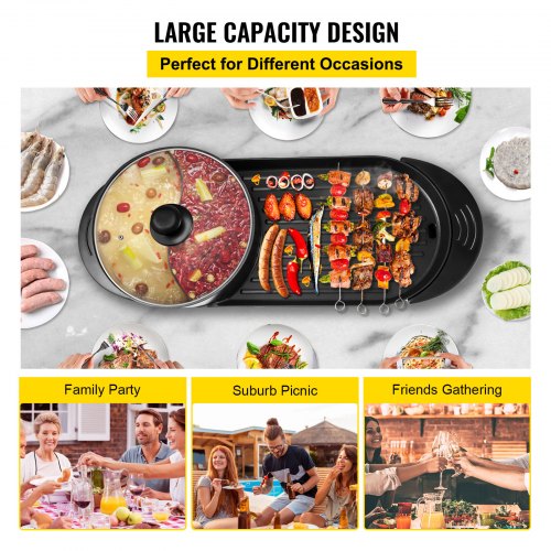 VEVOR 2 in 1 BBQ Pan Grill and Hot Pot with Divider Multifunctional Teppanyaki Grill Pot, Separate Dual Temperature Control Electric BBQ Stove Hot Pot, 5 Speed for Indoor Korean BBQ, Shabu Shabu Black