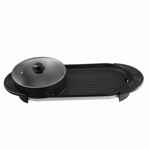 VEVOR 2 in 1 BBQ Pan Grill and Hot Pot with Divider Multifunctional Teppanyaki Grill Pot, Separate Dual Temperature Control Electric BBQ Stove Hot Pot, 5 Speed for Indoor Korean BBQ, Shabu Shabu Black