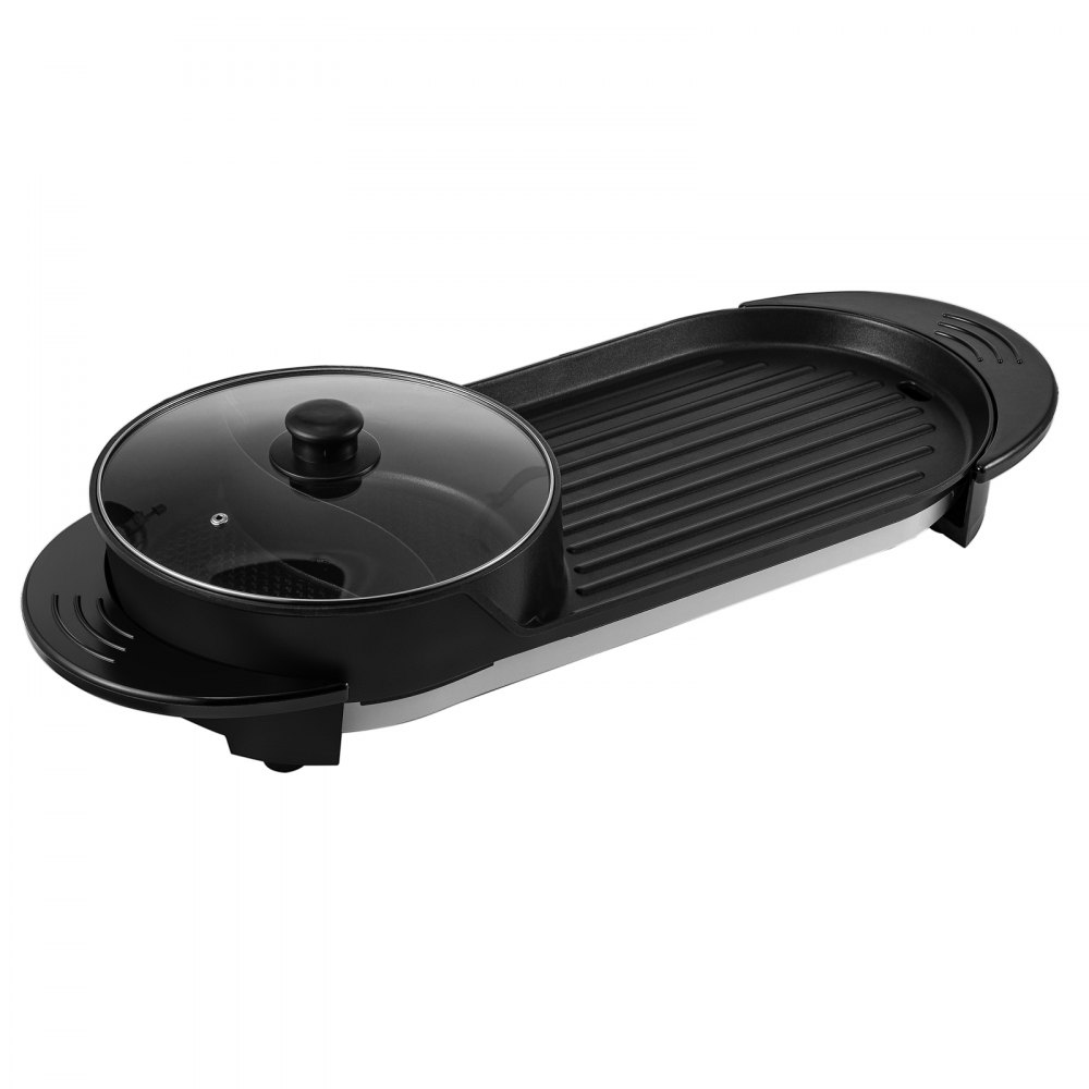 VEVOR 2 in 1 Electric Grill and Hot Pot, 2200W BBQ Pan Grill and Hot Pot, Multifunctional Teppanyaki Grill Pot with Dual Temp Control, 5 Speed for Indoor Korean BBQ, Shabu Shabu Black