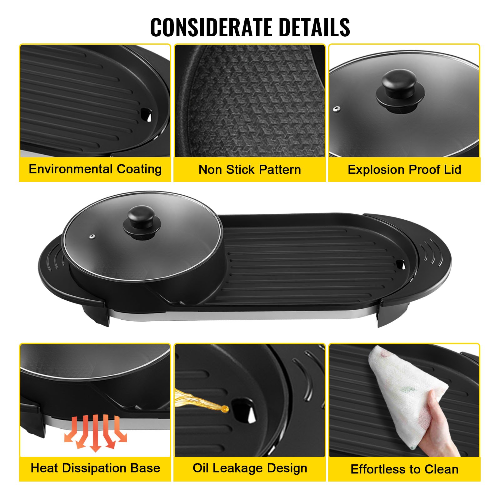 VEVOR 2 in 1 Electric Grill and Hot Pot, 2200W BBQ Pan Grill and Hot Pot, Multifunctional Teppanyaki Grill Pot with Dual Temp Control, 5 Speed for Indoor Korean BBQ, Shabu Shabu Black