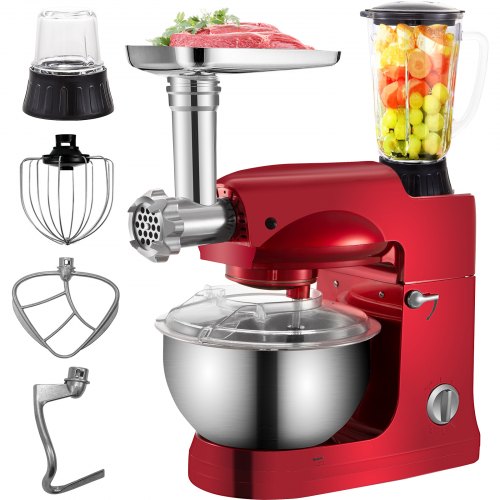 VEVOR 4 in 1 Stand Mixer 1000W Multifunctional Electric Kitchen Mixer 6-Speed Meat Grinder Juice Blender with 5.3QT Stainless Steel Bowl, Hook, Whisk and Beater Tilt-Head Dough Machine, Red