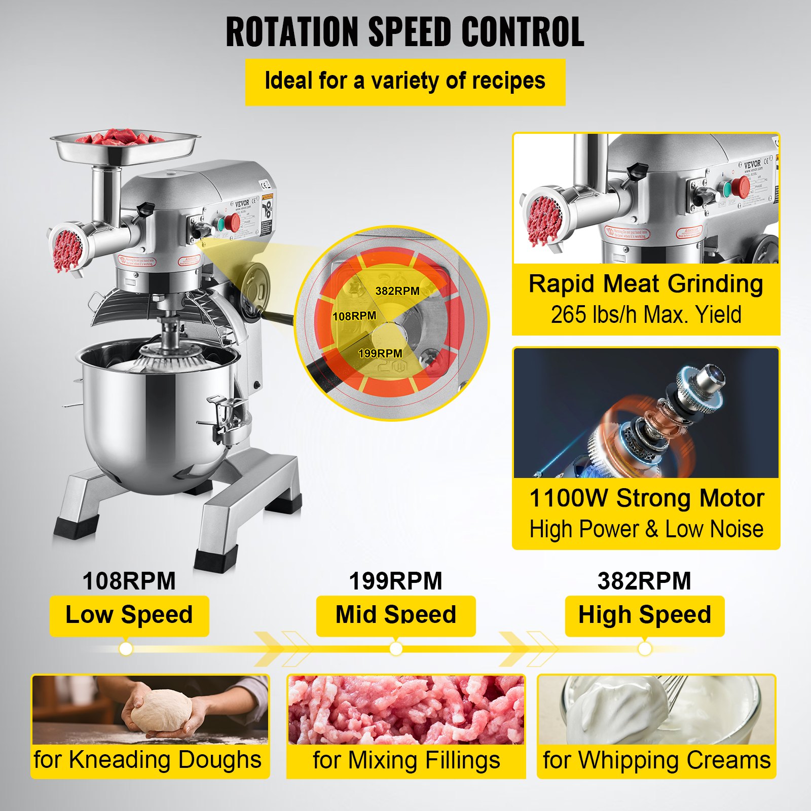Commercial Stand Mixer, 20Qt Stainless Steel Bowl, 1100W 2 in 1 Multifunctional Electric Food Mixer with Meat Grinder & 3 Speeds, Dough Hook Whisk Beater Included, Perfect for Bakery Pizzeria Commercial Stand Mixer, 20Qt Stainless Steel Bowl, 1100W 2 in 1 Multifunctional Electric Food Mixer with Meat Grinder & 3 Speeds, Dough Hook Whisk Beater Included, Perfect for Bakery Pizzeria
