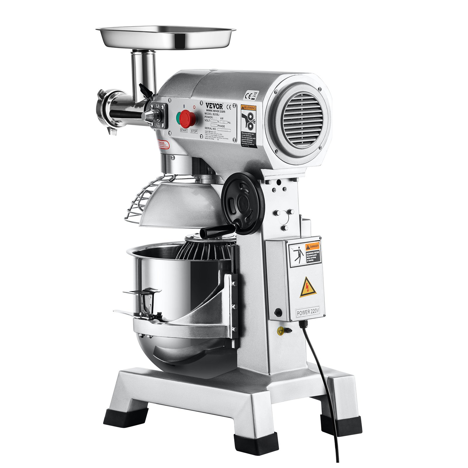 VEVOR Commercial Stand Mixer, 20Qt Stainless Steel Bowl, 1100W 2 in 1 Multifunctional Electric Food Mixer with Meat Grinder & 3 Speeds, Dough Hook Whisk Beater Included, Perfect for Bakery Pizzeria
