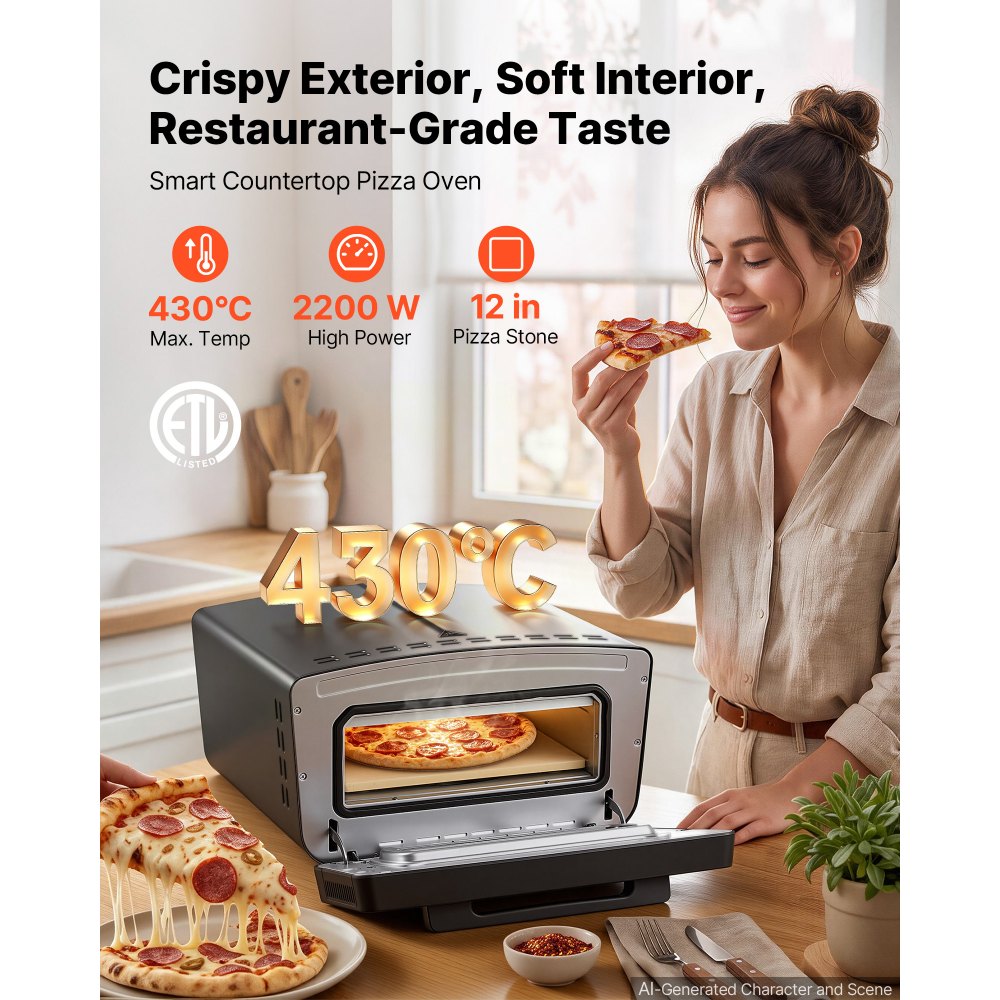 VEVOR Electric Pizza Oven, 12-Inch, Countertop Pizza Maker, 1700W, 805℉ for Home Kitchen Restaurants, Cold-Rolled Steel Shell, Independent Temp & Time Control, Commercial Pizzas Cooker with Stone