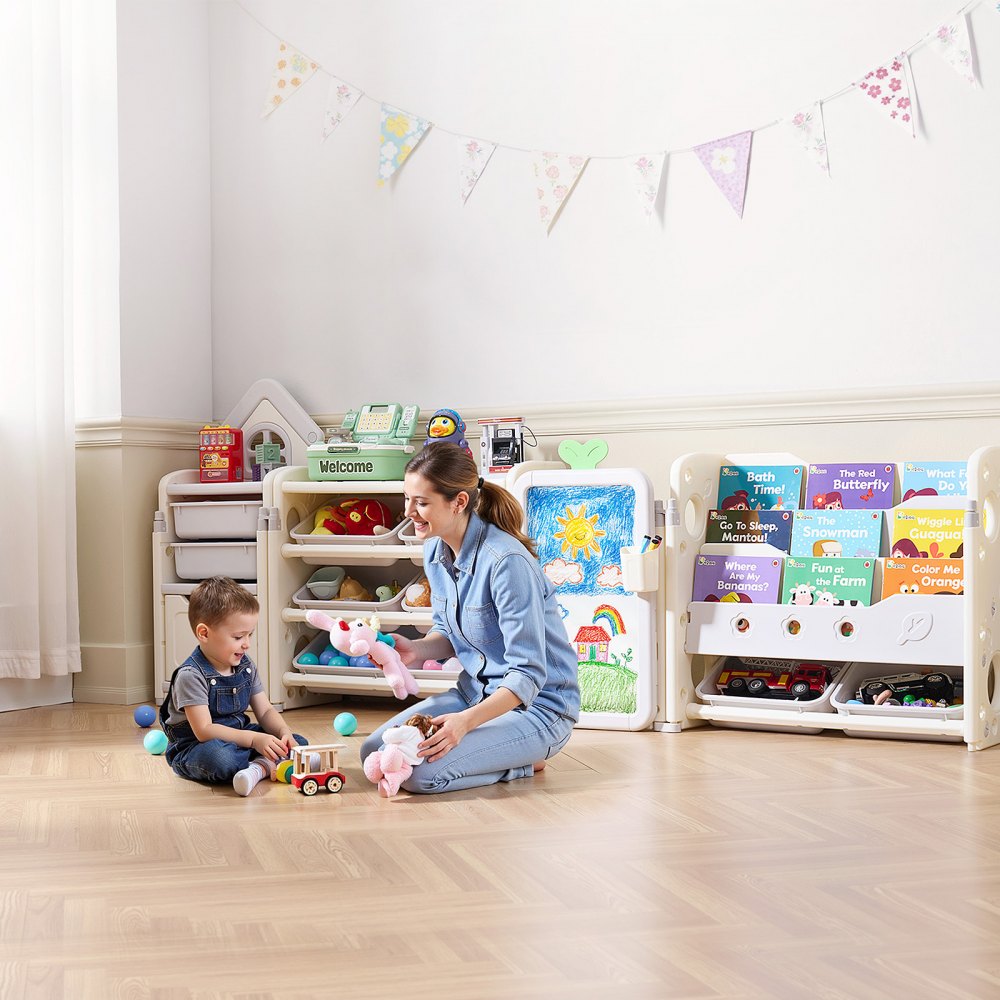 VEVOR Kids Toy Storage with Bookshelf, 4-Tier Large Toy Storage Organizer with 10 Plastic Movable Bins, Kids Cubby Cabinet with Bookshelf and Drawing Board for Study Room, Playroom, Classroom, Nursery