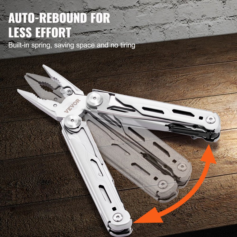 VEVOR multitool pliers with auto-rebound for less effort, built-in spring on a wooden surface.