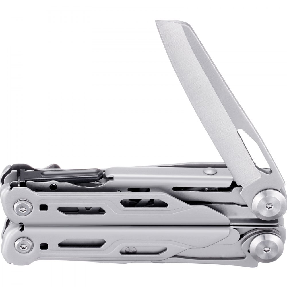folded VEVOR multitool pliers with an open knife blade, showcasing stainless steel construction.