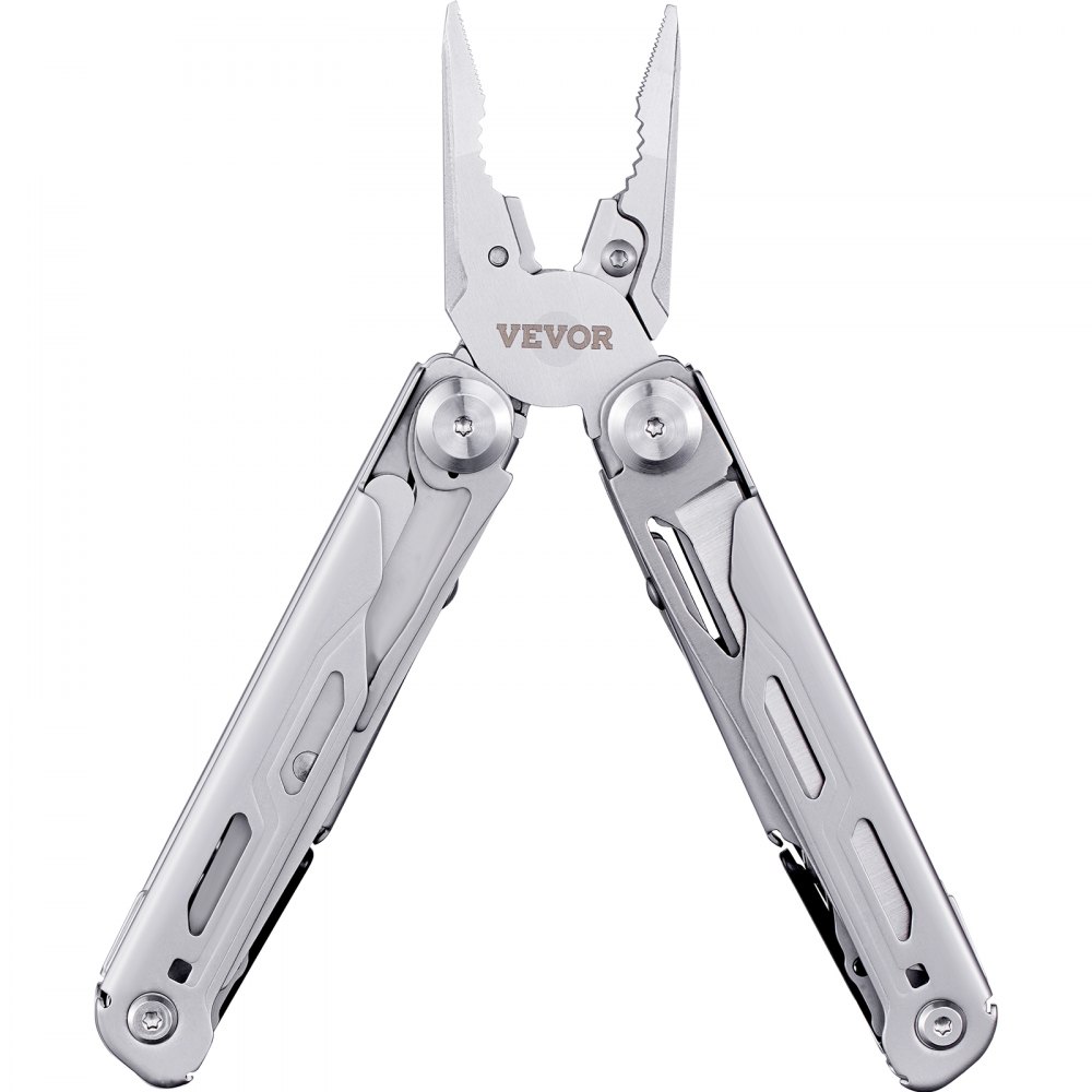 open stainless steel VEVOR multitool pliers with ergonomic handles and multiple built-in tools.