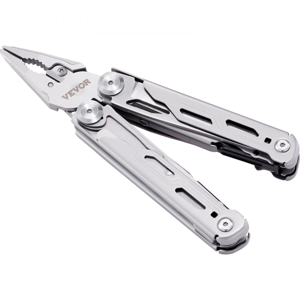 silver VEVOR multitool pliers with multiple foldable tools and ergonomic design.
