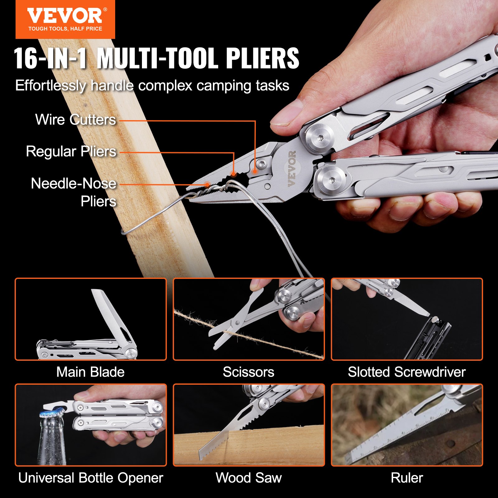 VEVOR multitool pliers demonstrating 16 functions, including wire cutters, scissors, and a wood saw.