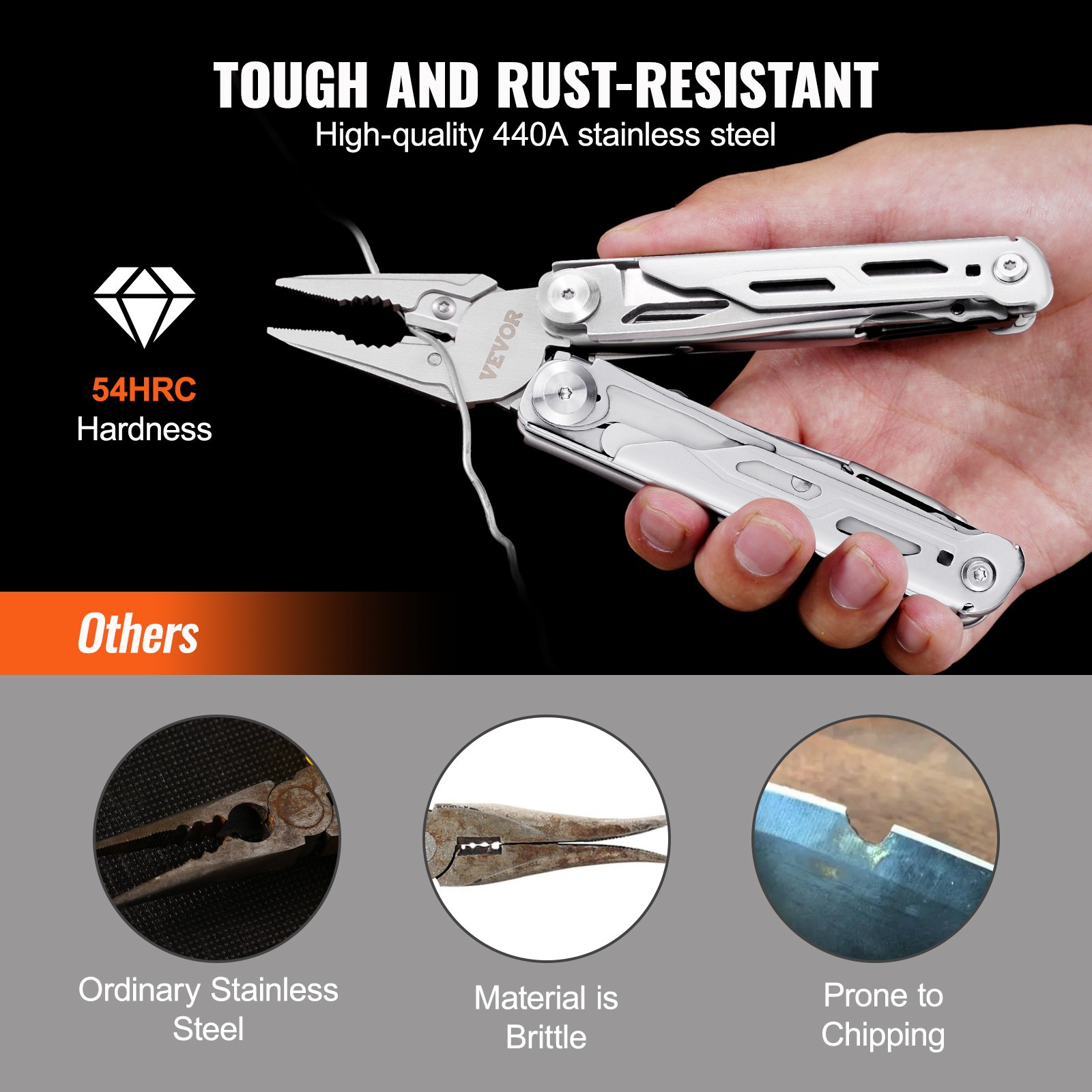 VEVOR multitool pliers with tough 440a stainless steel, 54hrc hardness, and rust-resistant features.