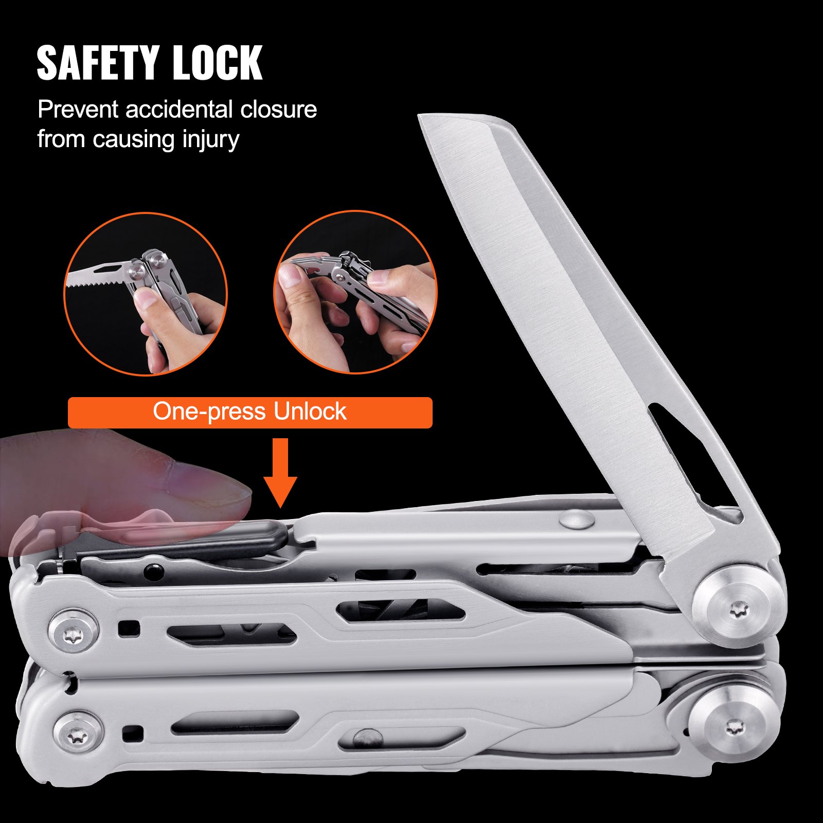 VEVOR multitool pliers with safety lock feature and one-press unlock mechanism, preventing injuries.