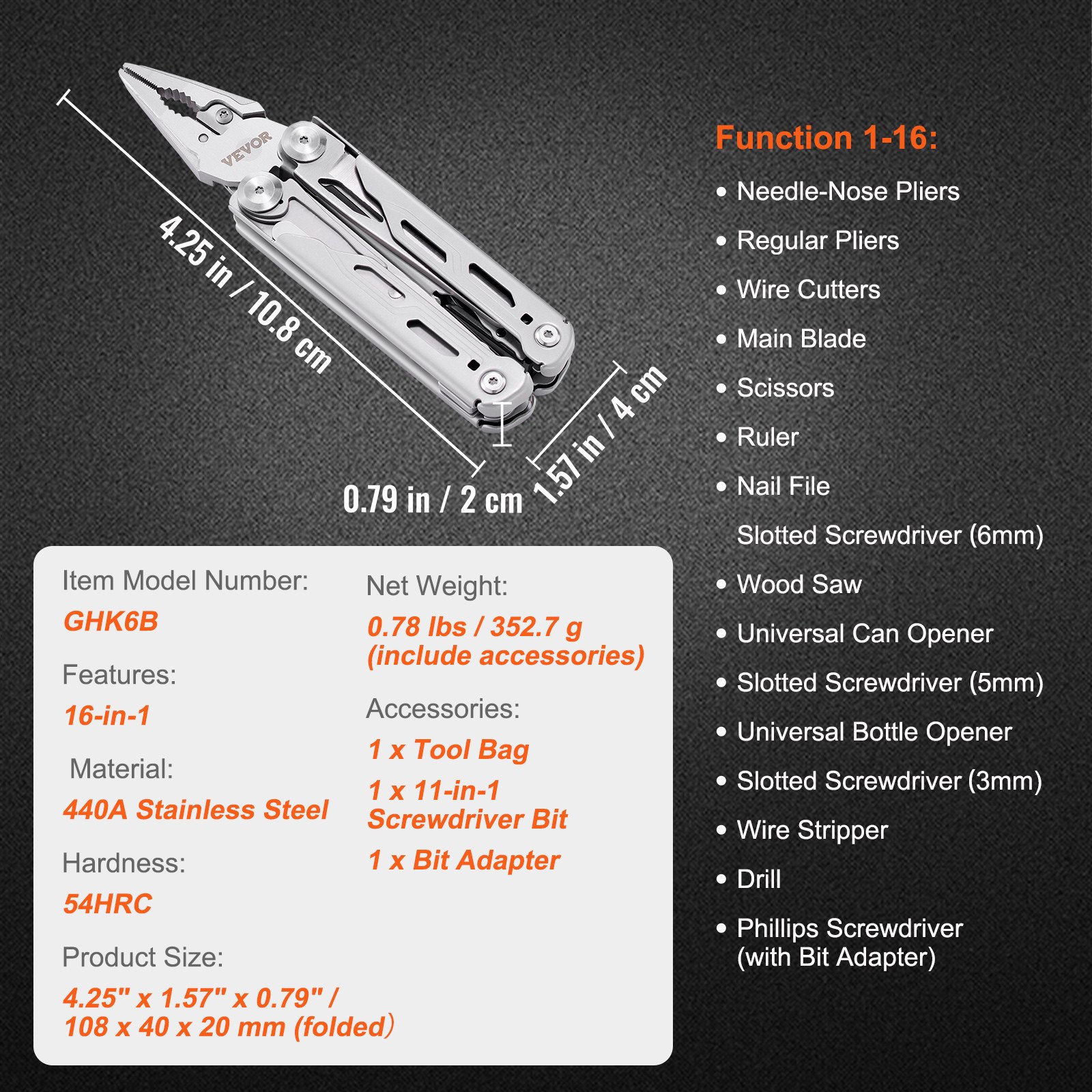 VEVOR multitool pliers with 16 functions, stainless steel, tool bag, and screwdriver bits included.