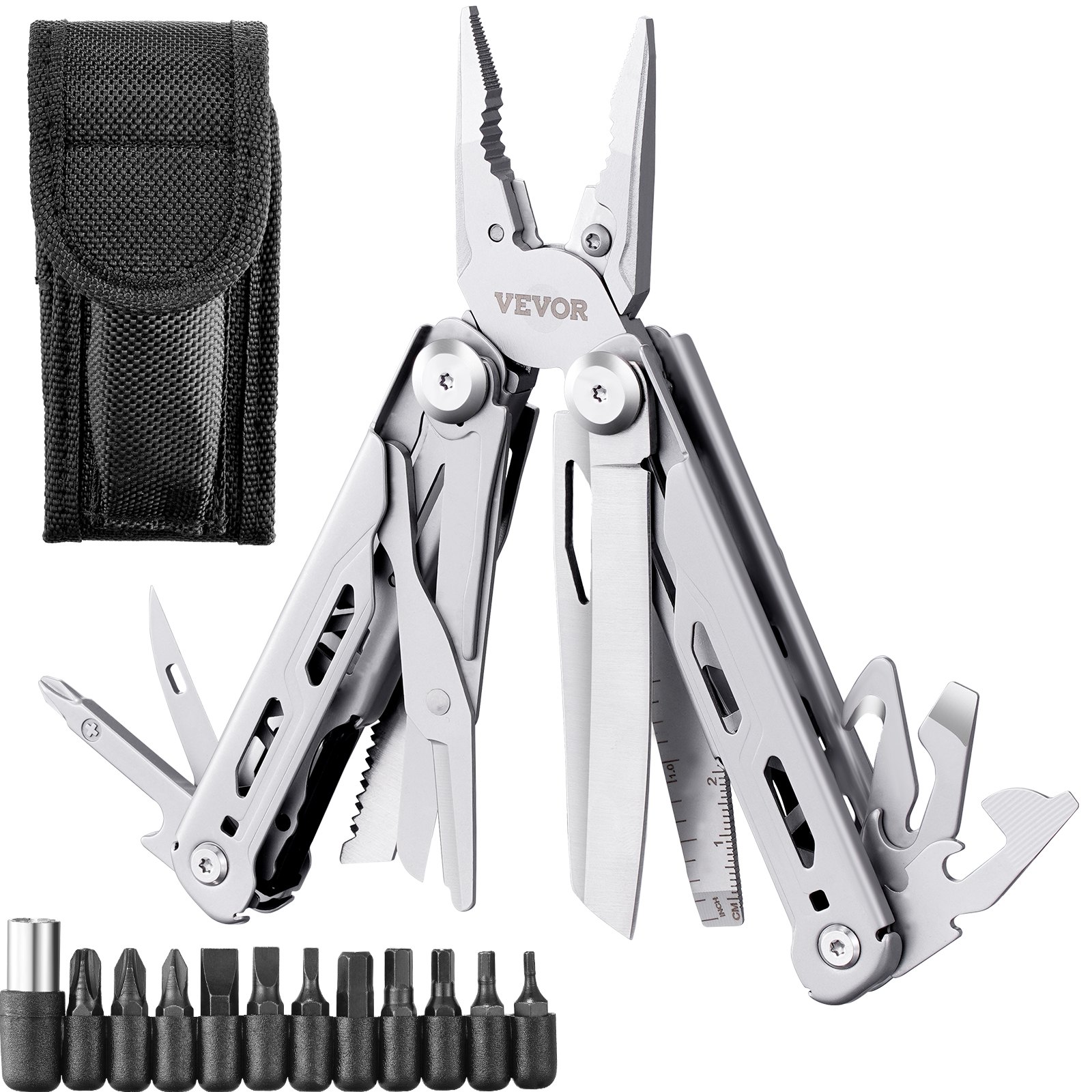 VEVOR multitool pliers with various tools, bit set, and black carrying case.