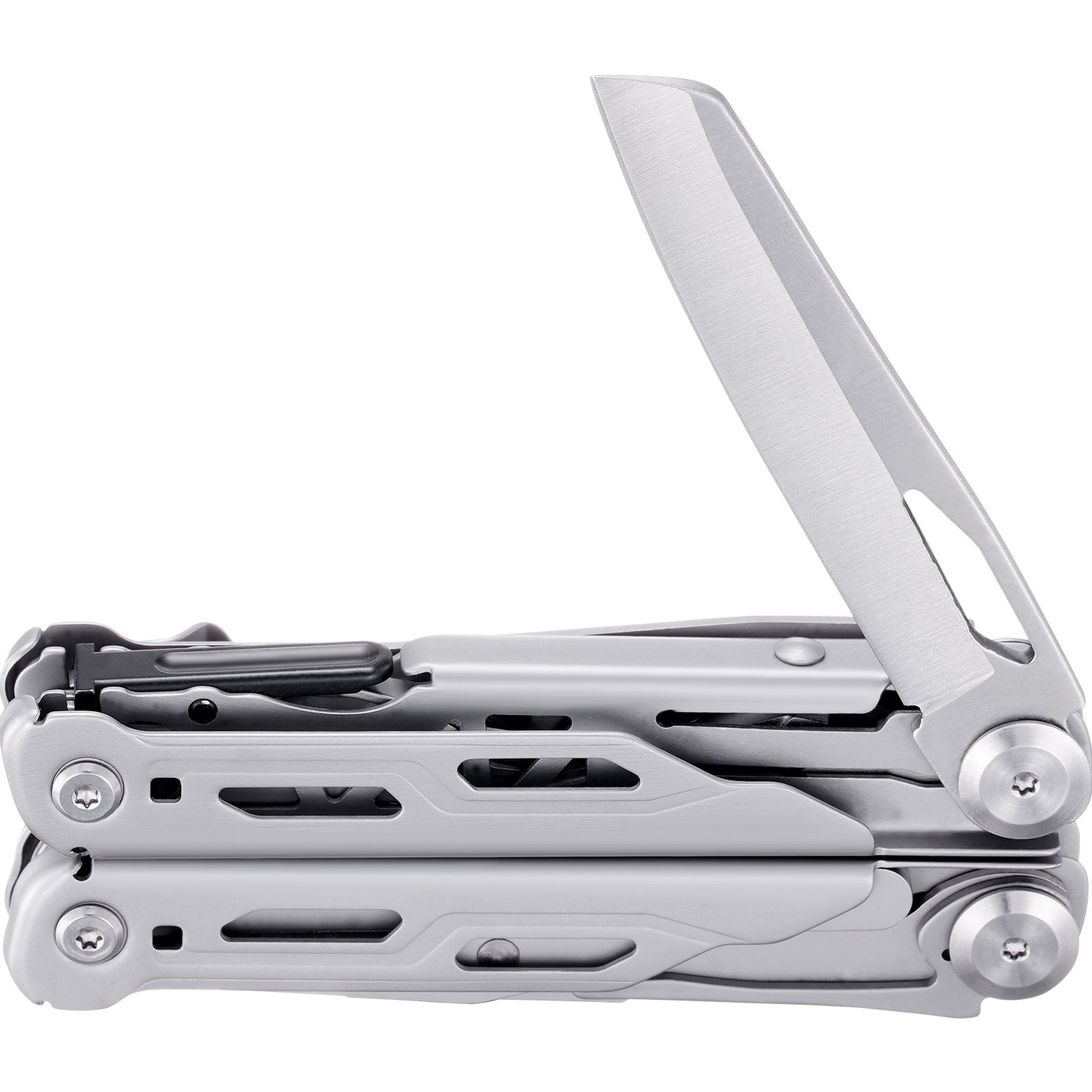 folded VEVOR multitool pliers with an open knife blade, showcasing stainless steel construction.