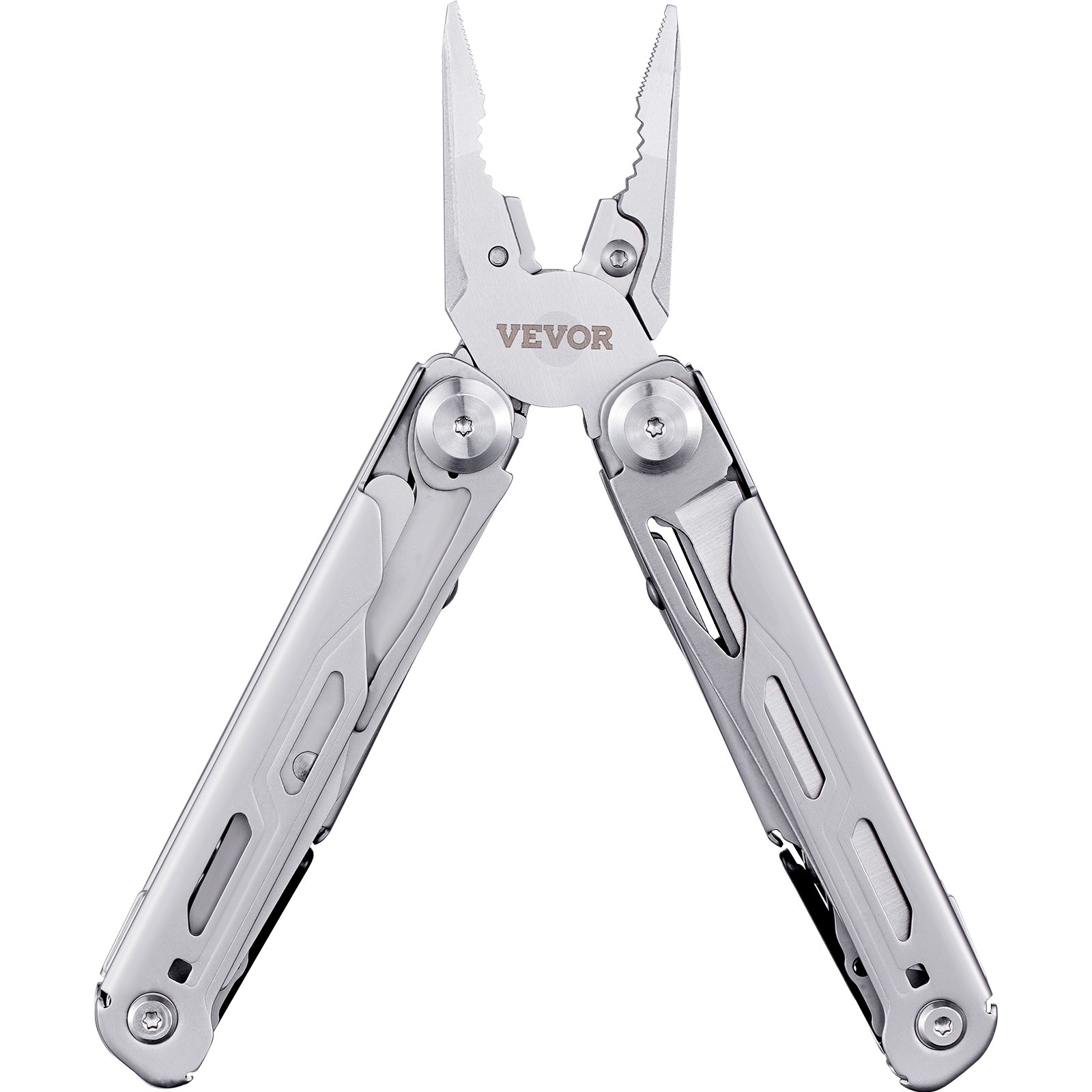open stainless steel VEVOR multitool pliers with ergonomic handles and multiple built-in tools.
