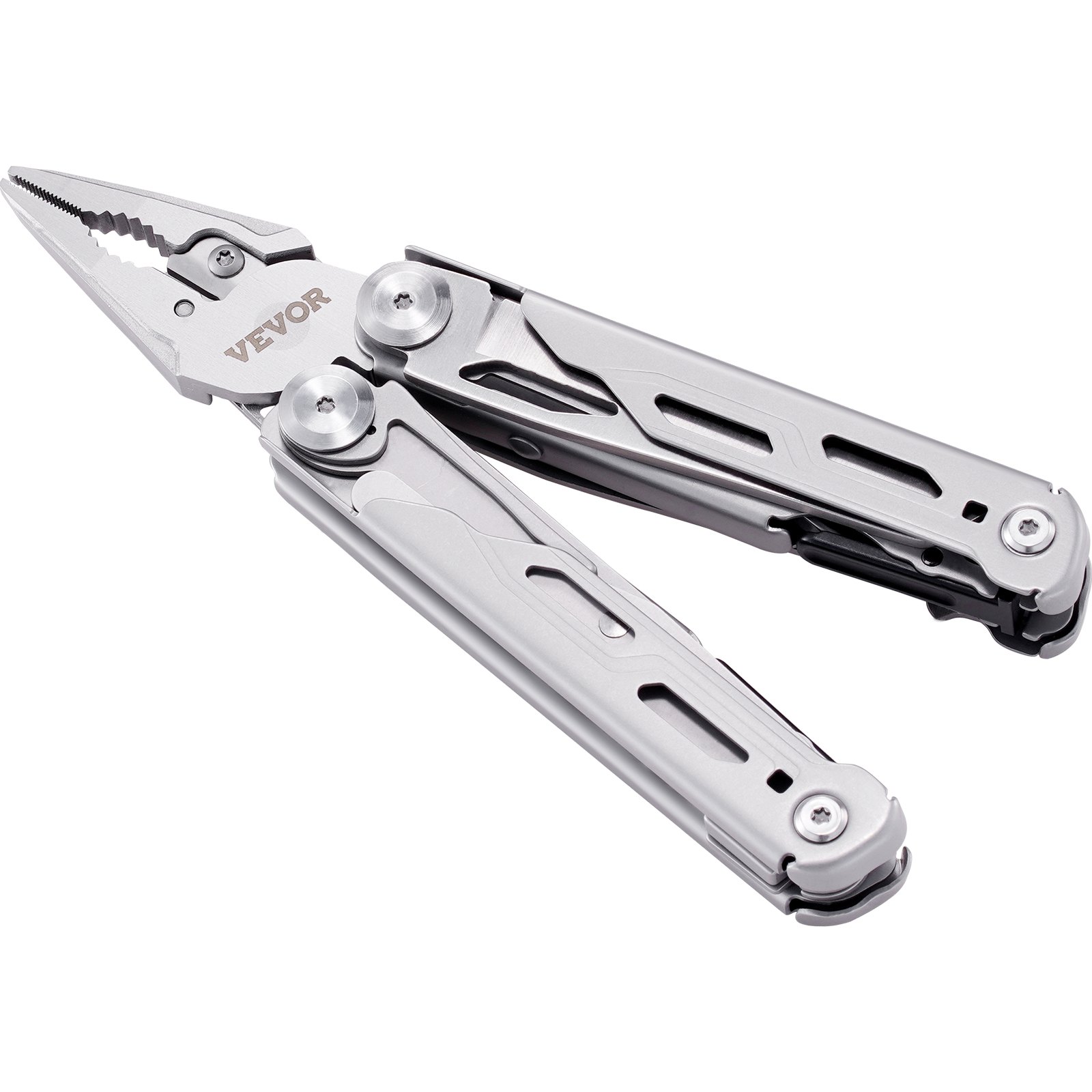 silver VEVOR multitool pliers with multiple foldable tools and ergonomic design.
