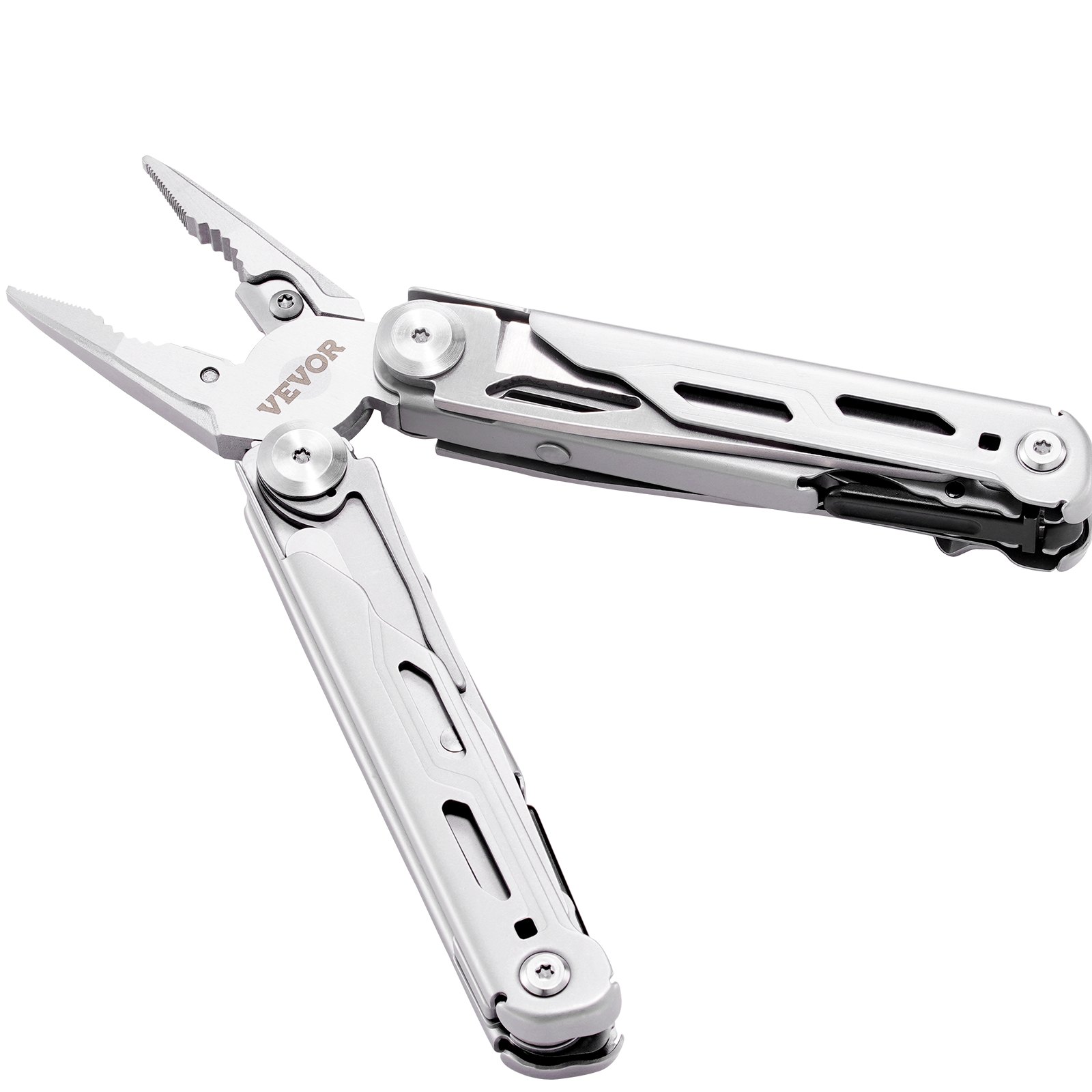 VEVOR stainless steel multitool with pliers open.