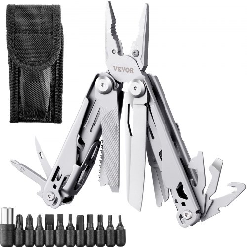 VEVOR 17-In-1 Multitool Pliers, Multi Tool Pliers,  Cutters, K-nife, Scissors Ruler, Screwdrivers, Wood Saw, Can Bottle Opener with Safety Locking and Sheath for Survival, Camping, Hunting and Hiking