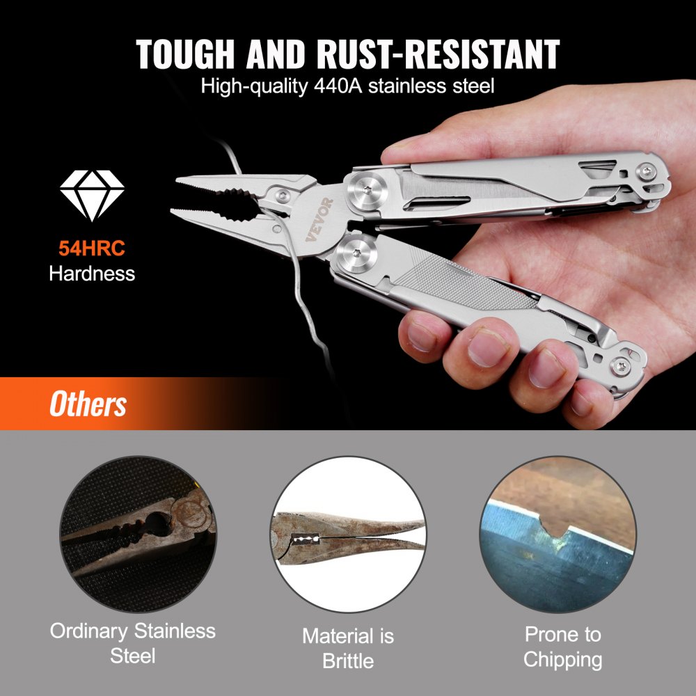 VEVOR multitool pliers, 54hrc hardness, rust-resistant, high-quality 440a stainless steel, durable grip.