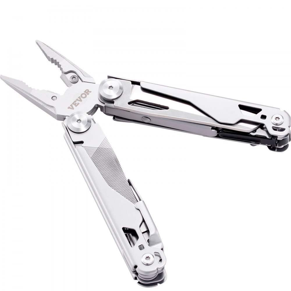 VEVOR multitool pliers with stainless steel finish, foldable design, and integrated tools.