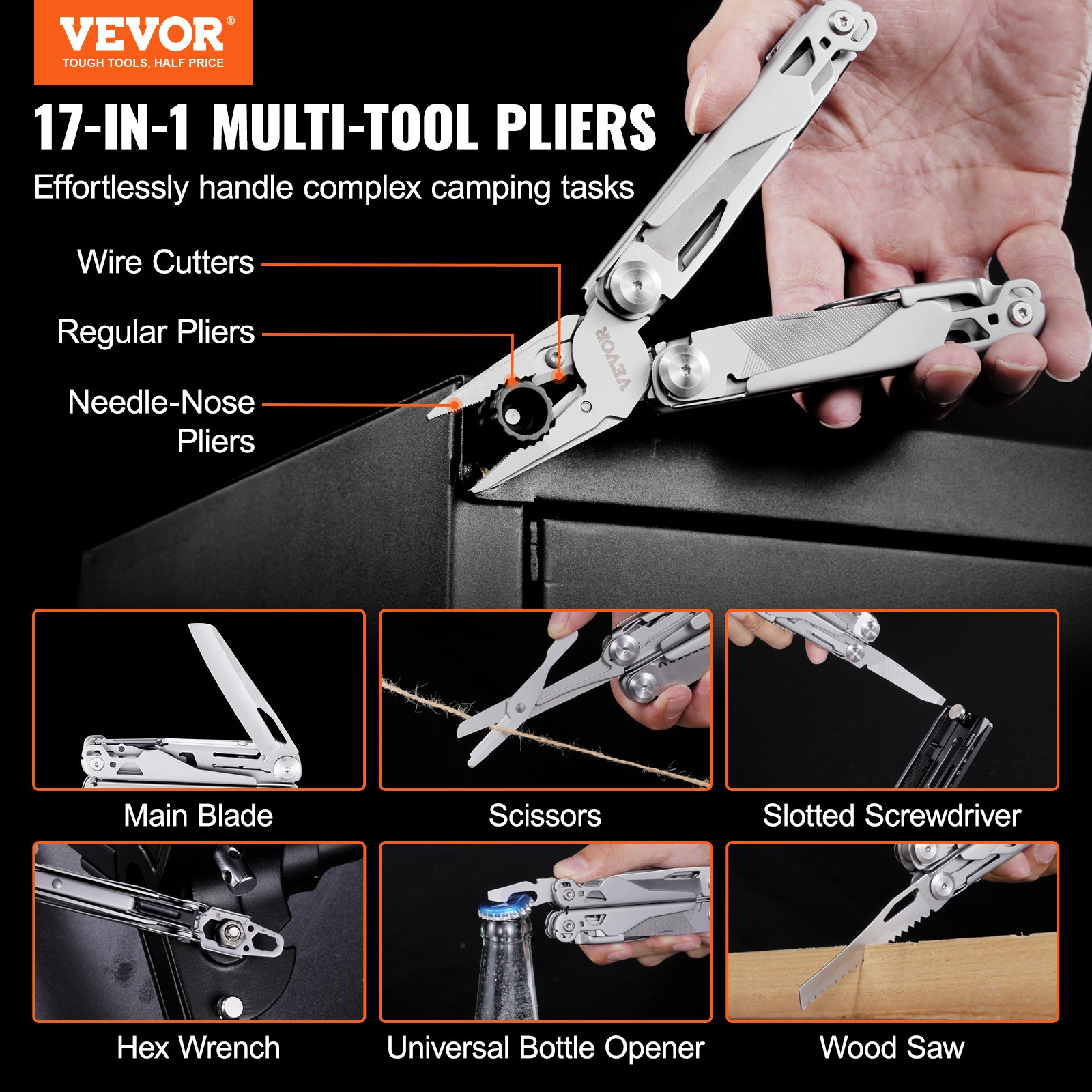 VEVOR multitool pliers with 17 functions, including wire cutters, scissors, bottle opener, and wood saw.