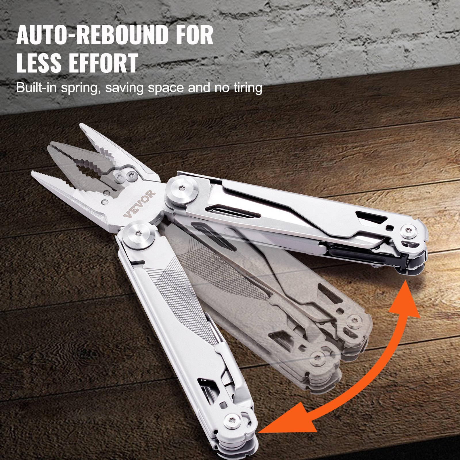 VEVOR multitool pliers with auto-rebound, built-in spring on wood surface.