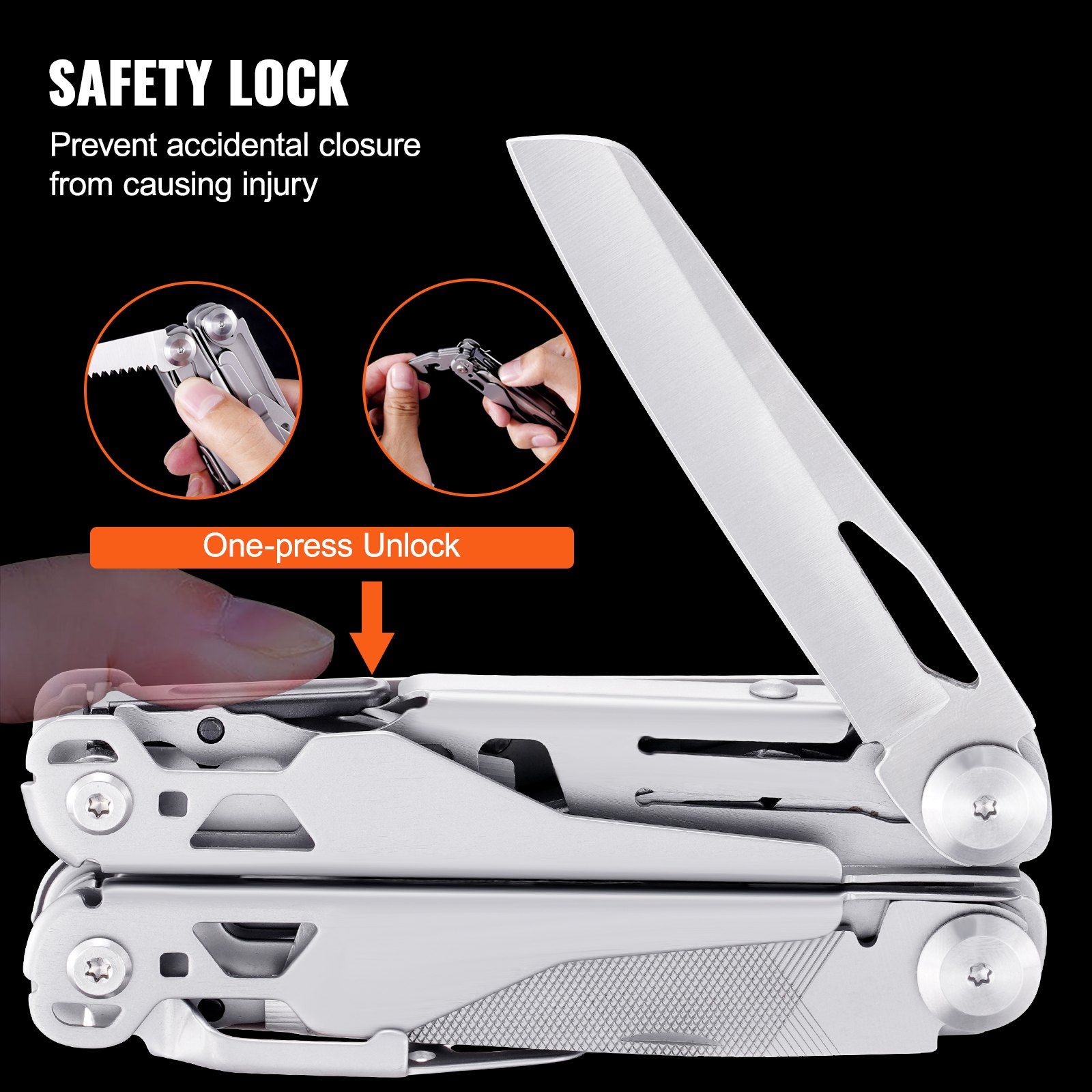 VEVOR multitool pliers with safety lock, showcasing one-press unlock and preventing accidental closure.
