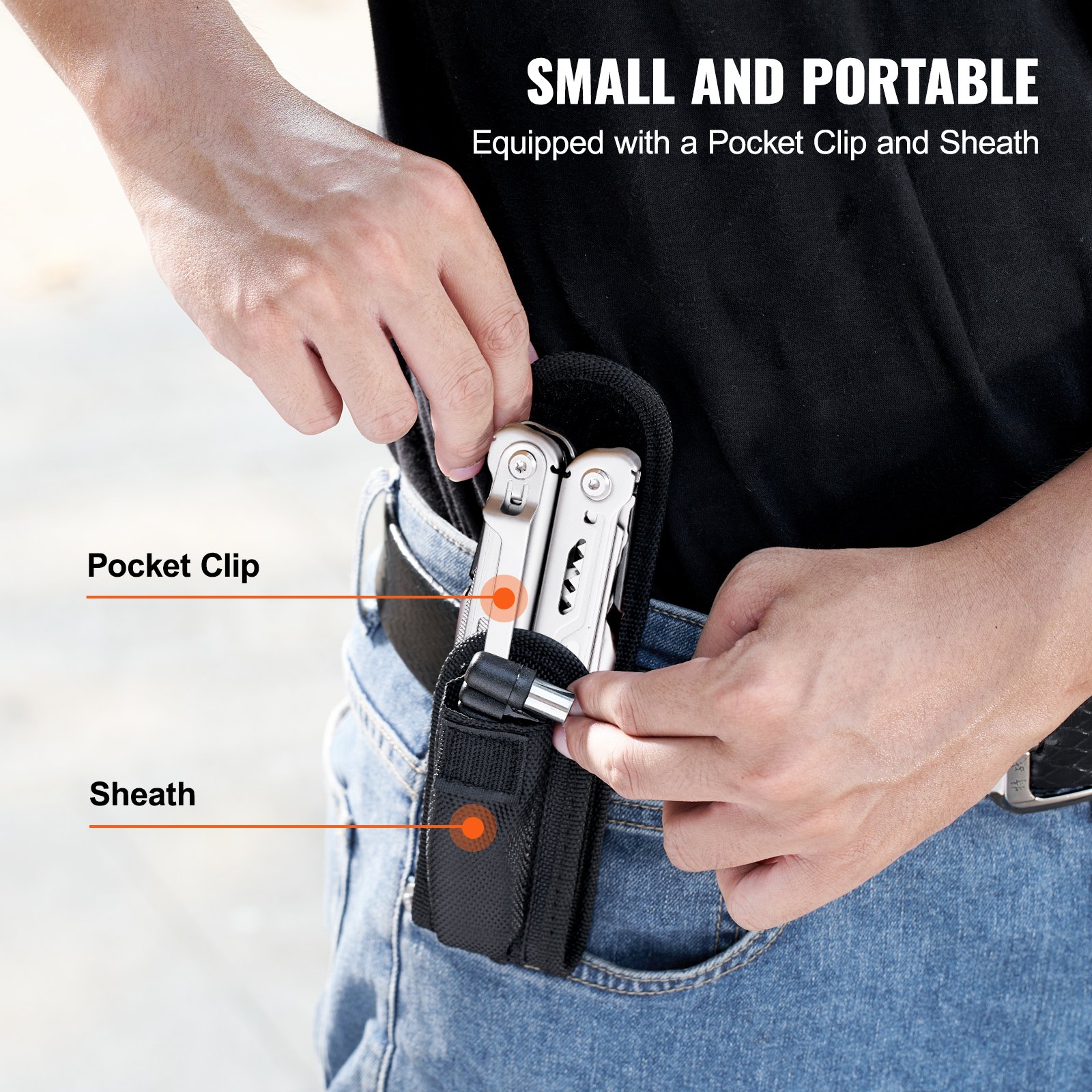 VEVOR multitool pliers, pocket clip and sheath, worn on belt, emphasizing portability.