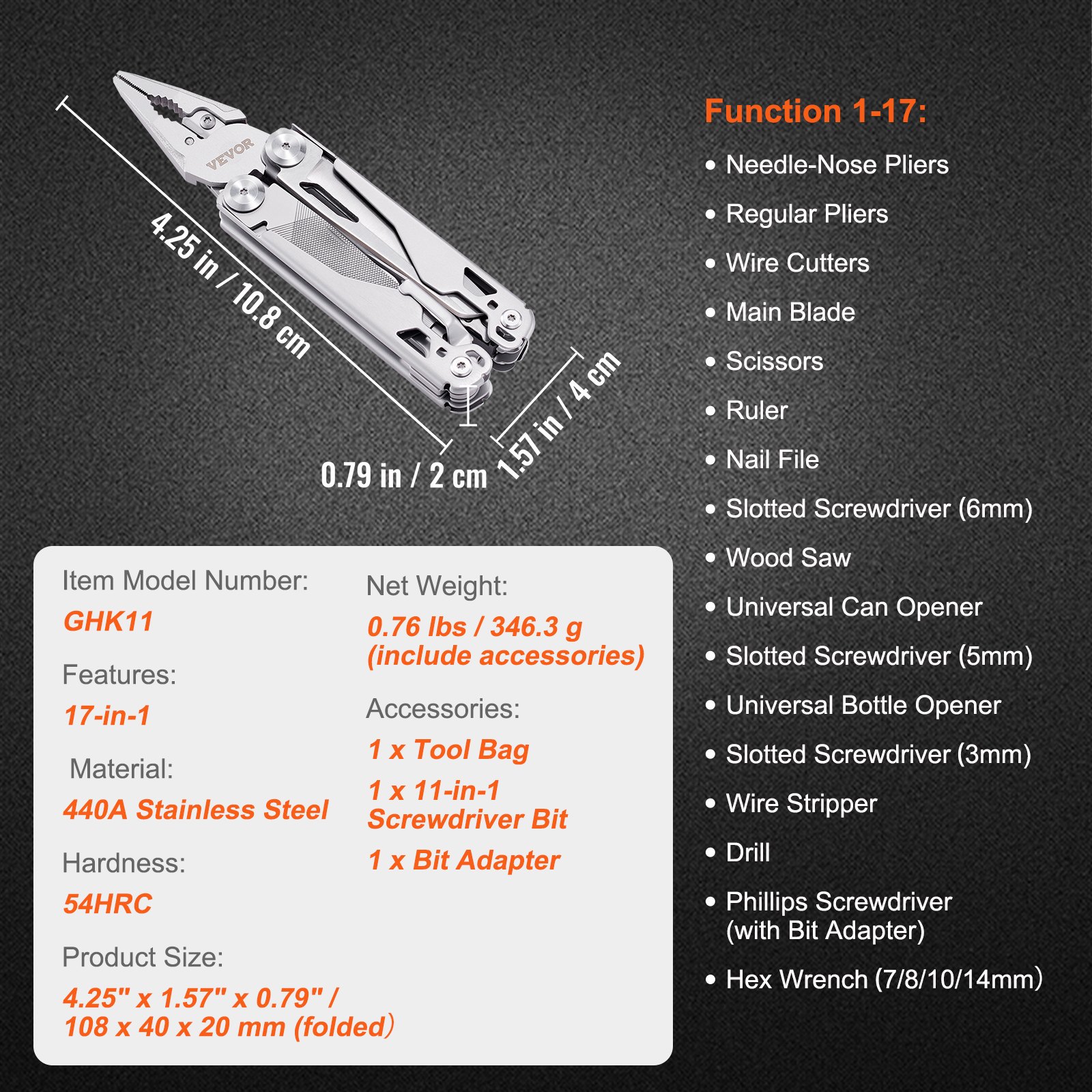 VEVOR multitool pliers, stainless steel, 17-in-1, 440a material, with tool bag, screwdriver bits, and adapter.