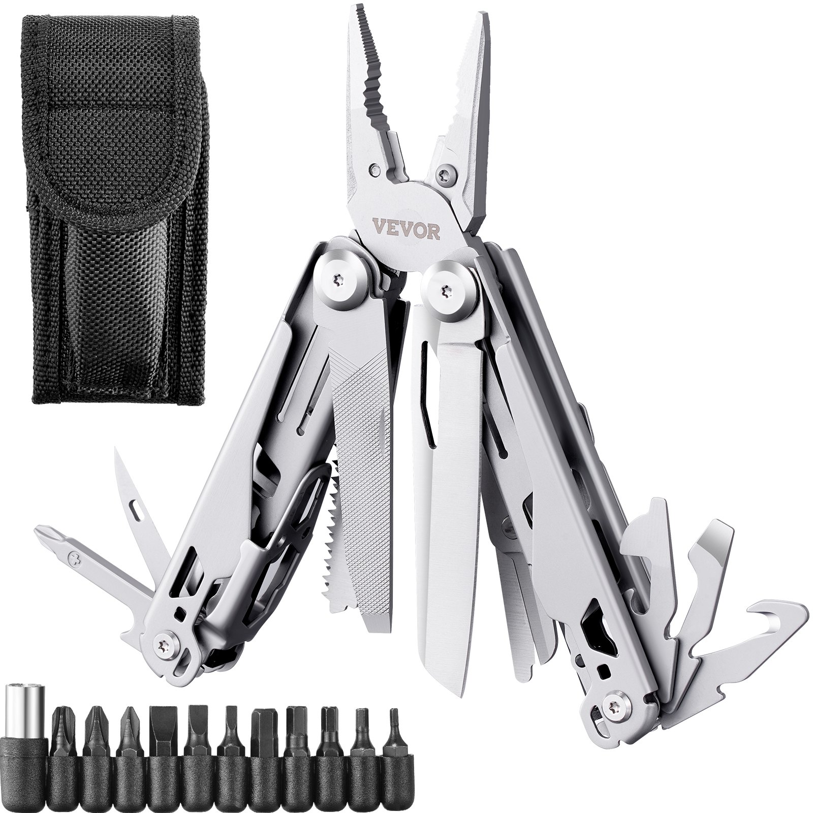 VEVOR multitool with various attachments, black pouch, and multiple drill bits displayed.