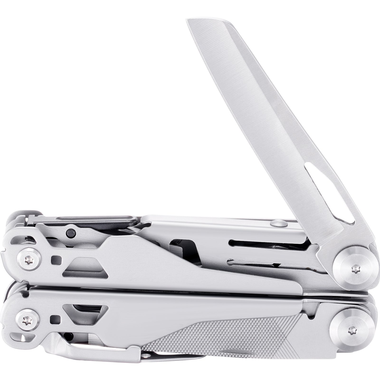 VEVOR multitool pliers with open blade, compact folding design, stainless steel finish.