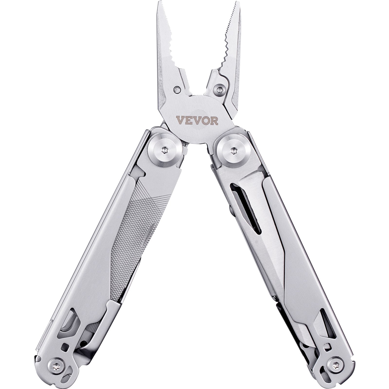 VEVOR multitool pliers with stainless steel design, integrated tools, and ergonomic grip handles.
