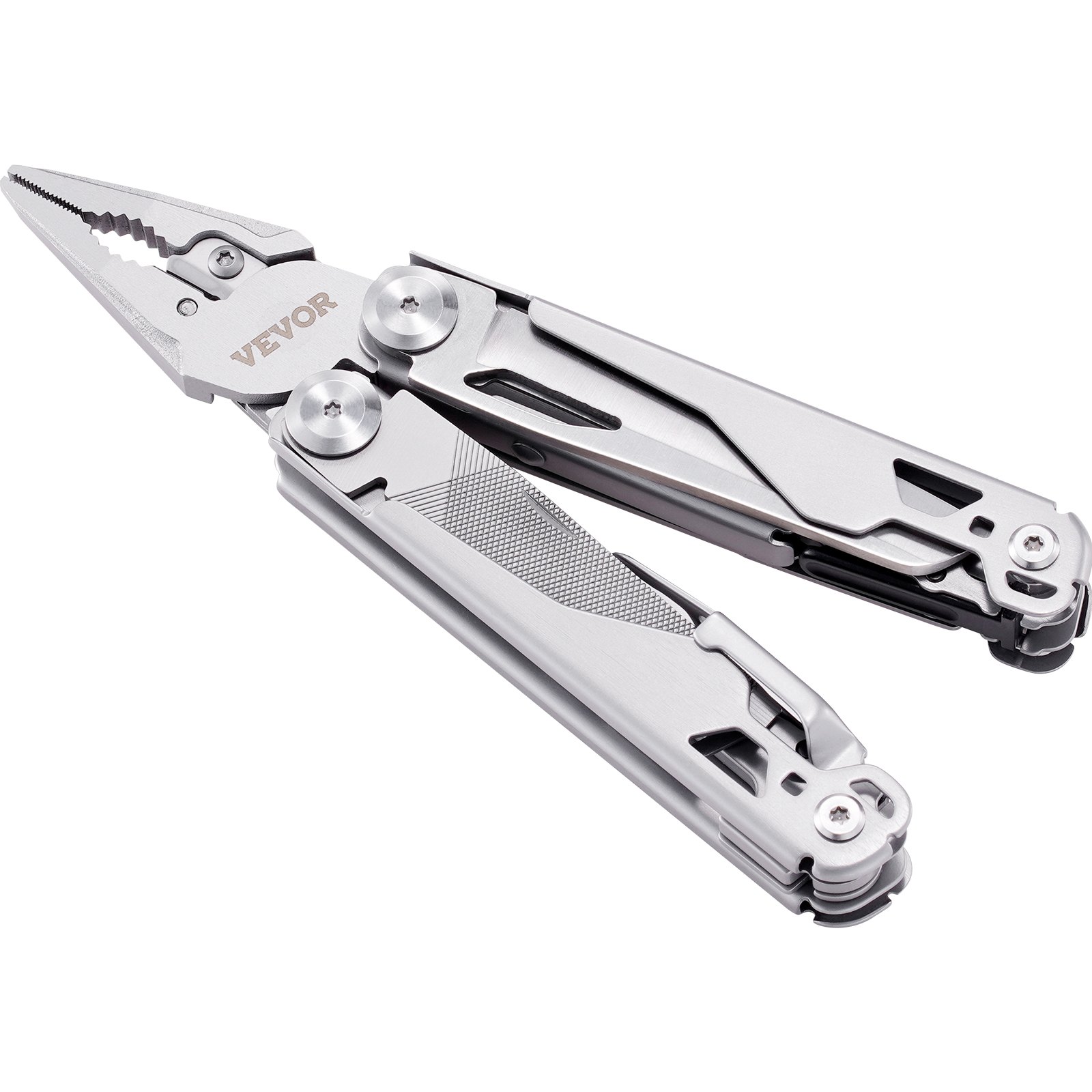 VEVOR multitool pliers, sleek silver finish, ergonomic design with multiple integrated tools.